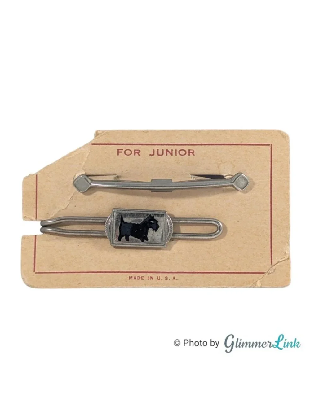 Vintage Junior Scottie Dog Original Card Silver Tone Tie Clip Collar Clip Set
